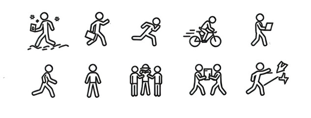 Black and white illustrations showcase people running, cycling, working on laptops, and interacting, conveying active lifestyles It's suitable for.