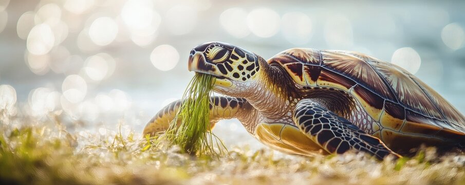 A sea turtle with patterned shell is eating green vegetation