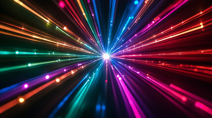 colorful starburst effect created by multiple beams of red, green, and blue light on a black background 