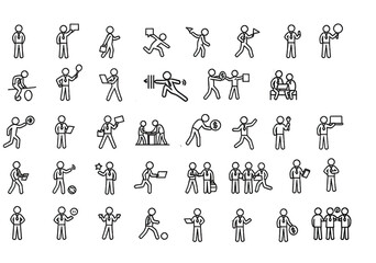 Collection of outline stick figures showcases various business and leisure activities for presentations or infographics with a minimalistic design.