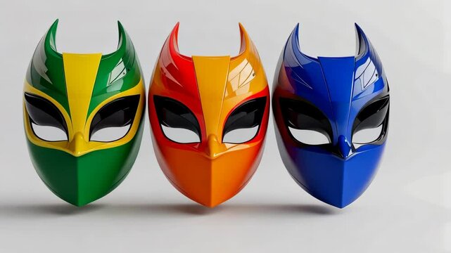 Three demonic looking masks with different colors. The masks are green, yellow, and blue. The masks are arranged in a row, with the green one on the left, the yellow one in the middle