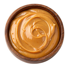 Creamy Caramel Sauce In Brown Wooden Bowl, Top View Isolated On Transparent Or White Background, Cutout Png