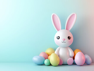 Obraz premium Cute Easter bunny sitting with colorful eggs on pastel background, Copy Space, Blank Background Space For Text