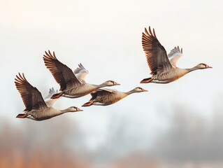 Obraz premium Flock of Geese Flying Together in Open Sky During Migration