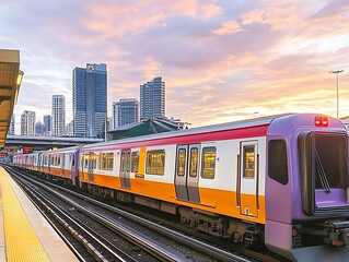 Fototapeta premium Elevated train at a station cityscape backdrop vibrant sunset sky showcasing urban transit and modern architecture.
