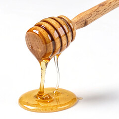 Honey Dripping From Wooden Dipper Isolated On White Background