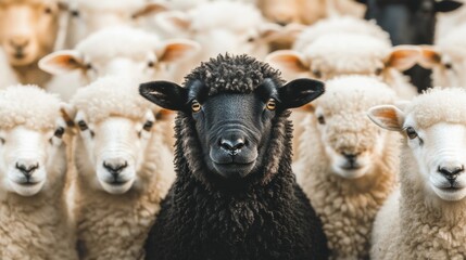 Obraz premium A black sheep surrounded by a flock of white sheep