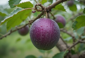 Fresh Juicy Purple Plum Hanging on Tree Branch with Dew Drops