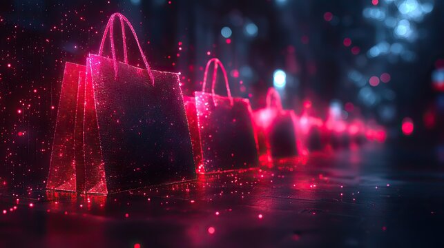 Black Friday and Cyber Monday background with tech, shopping bags on digital backdrop for ecommerce sales.