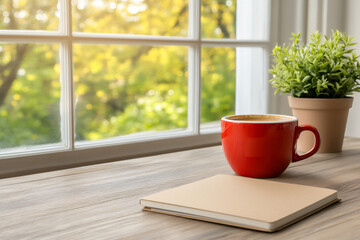 a close-up of an empty wooden desk with a coffee cup and notebook,
