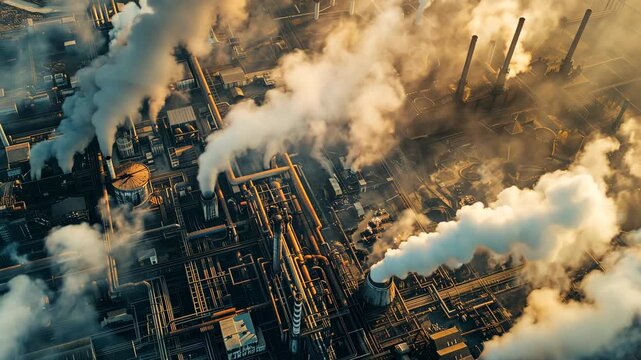 Aerial View of an Industrial Steel Factory Emitting Smoke at Sunset