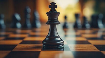 Black king chess piece levitates over blurred chessboard, representing strategy, leadership, decisive moves in business and life.
