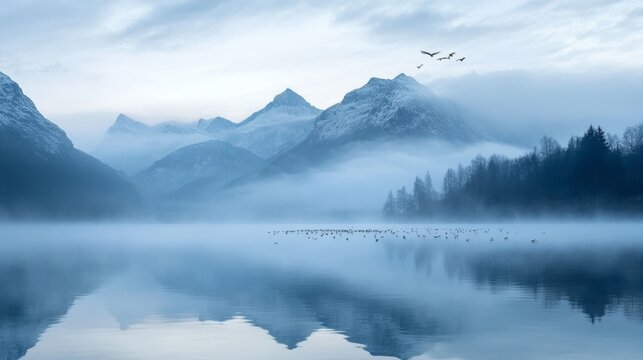 A fog-covered mountain lake at dawn, with only the sound of distant birds breaking the silence 