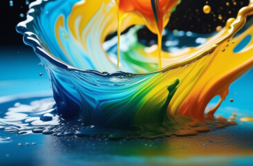 Paint in water. Motion blue and yellow color explosion, colour fluid splash texture black abstract art background