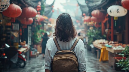 Obraz premium Person with backpack exploring a traditional Asian market street