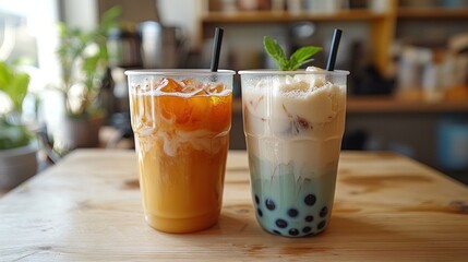 Fototapeta premium Two Cold Beverages Served In Clear Plastic Cups On Wood Surface