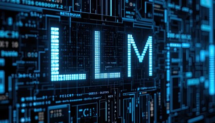 Glowing Blue Lm Letters on a Circuit Board Background