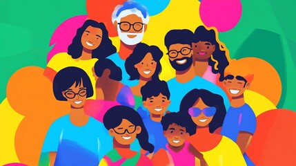 Diverse group of people are together surrounded by colorful circular abstract shapes