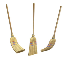 Straw broom in different positions on transparent background - 3d PNG illustration
