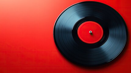 Obraz premium Black vinyl record with red label on vibrant red striking visual of music, sound, recording, classic audio format.