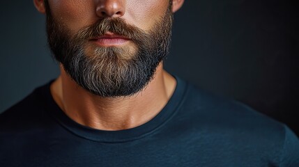 Fototapeta premium Blank gray background, bearded man in black t-shirt close up, perfect template for clothing mockups.
