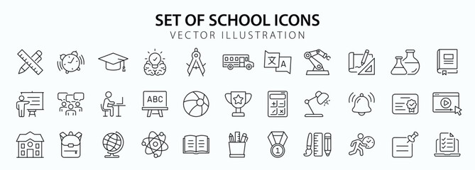 School set of web icons in linear style. Education and knowledge icons for web and mobile app. Back to school. Learning, classroom, students, online education. Vector illustration