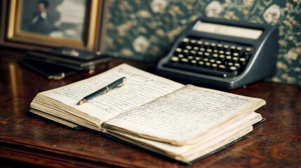Obraz premium Antique journal open on desk with typewriter and vintage photos