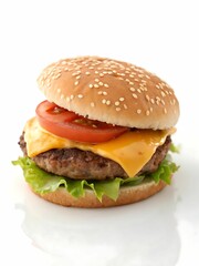 A double cheeseburger with layered ingredients including two beef patties and fresh toppings against a white background highlighting its indulgent appeal