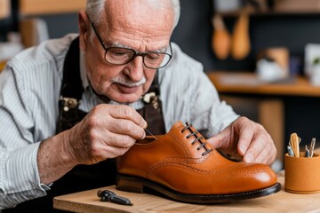 An elderly shoemaker meticulously stitching a leather shoe in his workshop