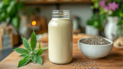 A bottle of creamy hemp milk placed on a wooden table next to a small bowl filled with hemp seeds, surrounded by hemp leaves, with a vibrant green background, highlighting the natural and healthy esse
