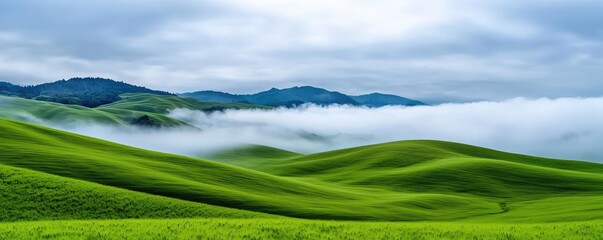 Abstract landscape background concept. Serene green hills under a cloudy sky, showcasing nature's tranquil beauty.