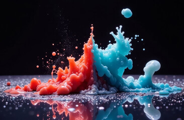 Paint Ink drop in water. Motion color explosion smoke, colour fluid splash vapor cloud on glitter dust texture black abstract art background