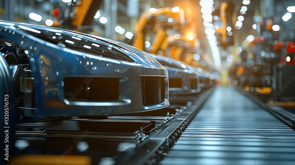 Poster automotive assembly line with blue car chassis in factory setting