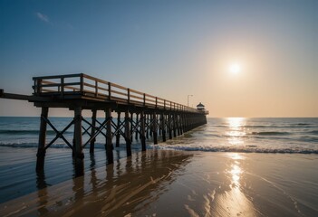 Fototapeta premium Serene Beach Pier at Sunset with Soft Waves and Calm Waters
