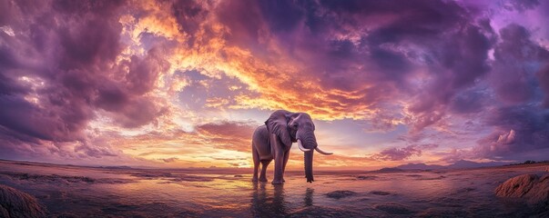 Fototapeta premium An elephant standing calmly in shallow water at dramatic sunset time