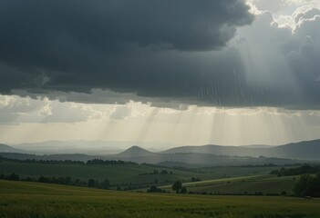 Dramatic Clouds and Rays of Light Over Rolling Green Hills