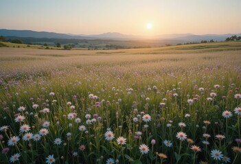 Fototapeta premium Tranquil Sunset Over Wildflower Meadow in Distant Mountain Landscape