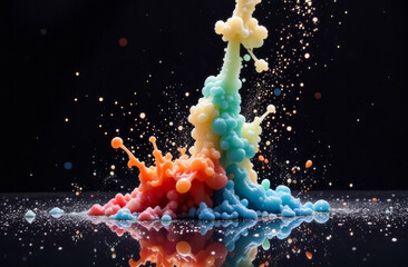 Paint Ink drop in water. Motion color explosion smoke, colour fluid splash vapor cloud on glitter dust texture black abstract art background