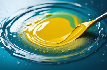 Paint in water. Motion blue and yellow color explosion, colour fluid splash texture black abstract art background