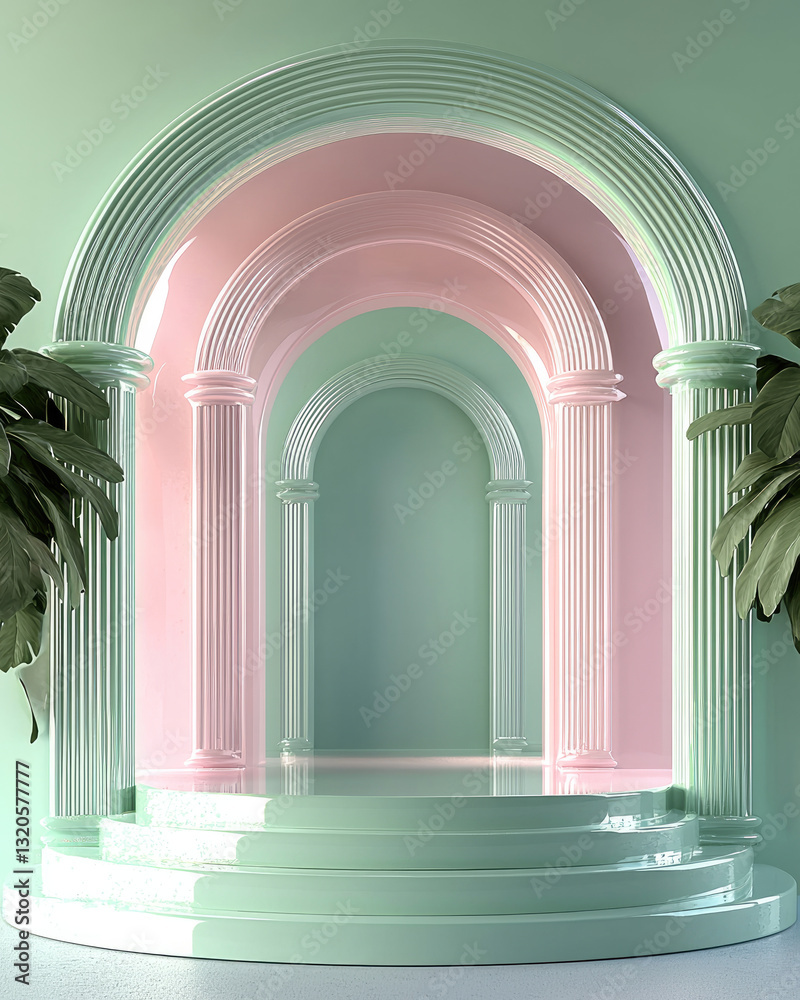 Poster modern product display with pastel arches and greenery, creating serene atmosphere