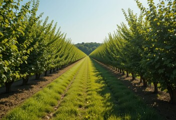 Obraz premium Lush Green Orchard Rows Under Bright Blue Sky in Daylight