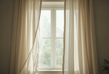 Fototapeta premium Soft Natural Light Filtering Through Sheer Curtains in a Cozy Room