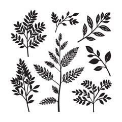 A set of minimal floral branch silhouettes in a variety of types.