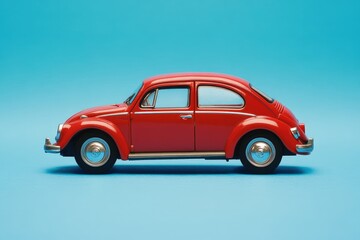 Obraz premium A red toy car is displayed against a bright blue background