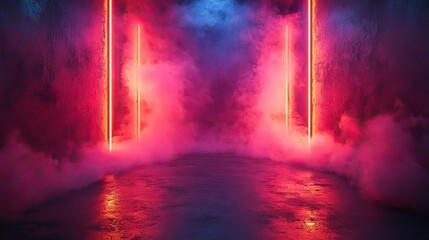 Blue and pink neon lights illuminate smoke in empty concrete room vibrant backdrop for products or designs.