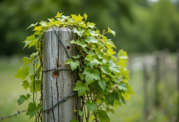 Ivy Climbing on Wooden Post in Lush Green Landscape Setting