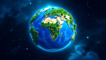 Fototapeta premium Stylized Earth Globe with Lush Greenery and Vibrant Blue Oceans