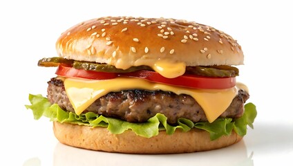A perfectly grilled classic cheeseburger with melted cheddar cheese and fresh toppings on a soft sesame seed bun against a clean white background