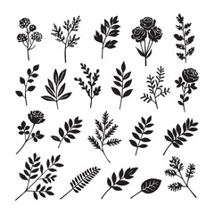 A set of minimal floral branch silhouettes in a variety of types.