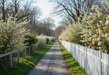 Fototapeta premium Serene Pathway Surrounded by Blooming White Flowers in Spring
